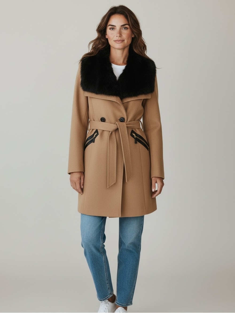 LIKE NEW!! VIA SPIGA ASYMMETRICAL CAMEL BELTED WOOL BLEND COAT SIZE 2